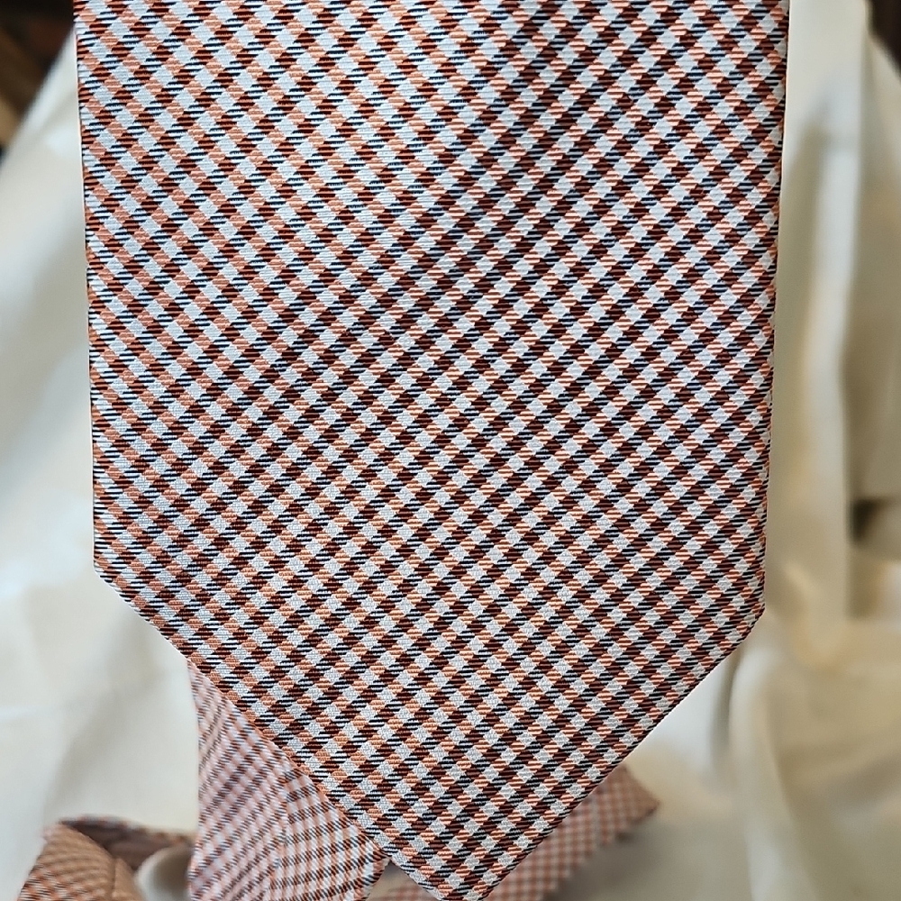 Saks Fifth Avenue Tie Silver , Grey and Coral Checkered Mens ,